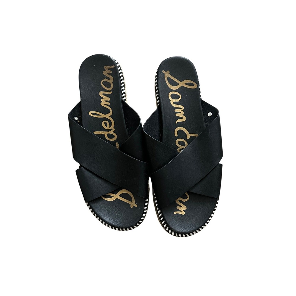 Sam Edelman‎ Adora Black Leather Crisscross Espadrille Platform Slide Sandals